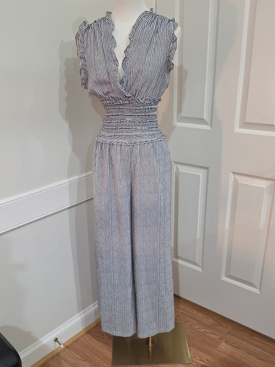 Max Studio Pants - Max Studio London Striped Smocked-Waist Jumpsuit - Black & White - Size S